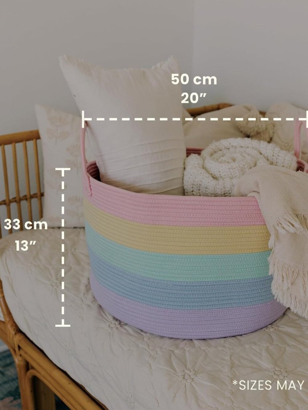 Rainbow Toy Basket & Blanket Storage Bin, Nursery 20x13" | Rainbow Pastel - Roun - Picture 2 of 8